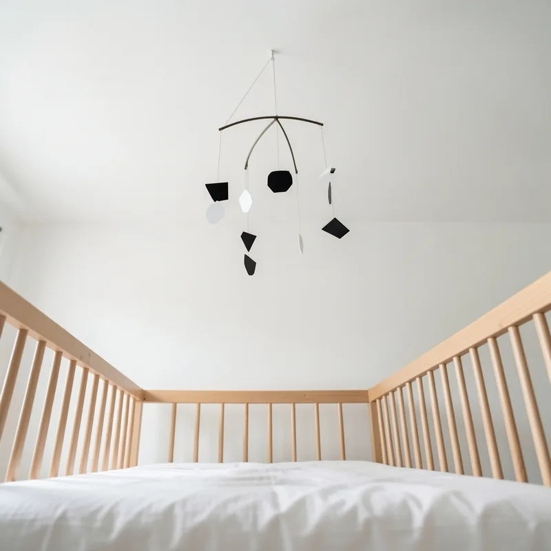 Suspension à formes contrastées vue en contre-plongée depuis un matelas de lit à barreaux