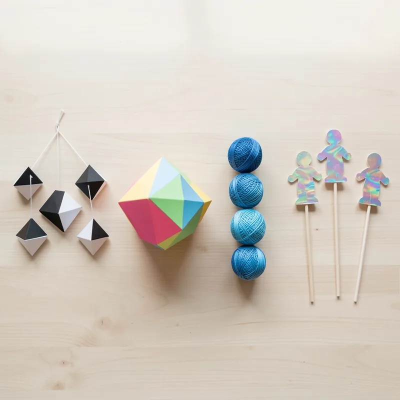 Quatre mobiles Montessori posés côte à côte sur une table en bois clair