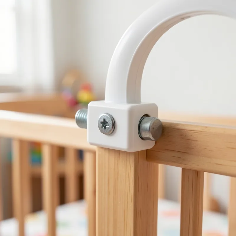 Pince de fixation d&rsquo;un mobile serrée sur le barreau en bois d&rsquo;un lit d&rsquo;enfant