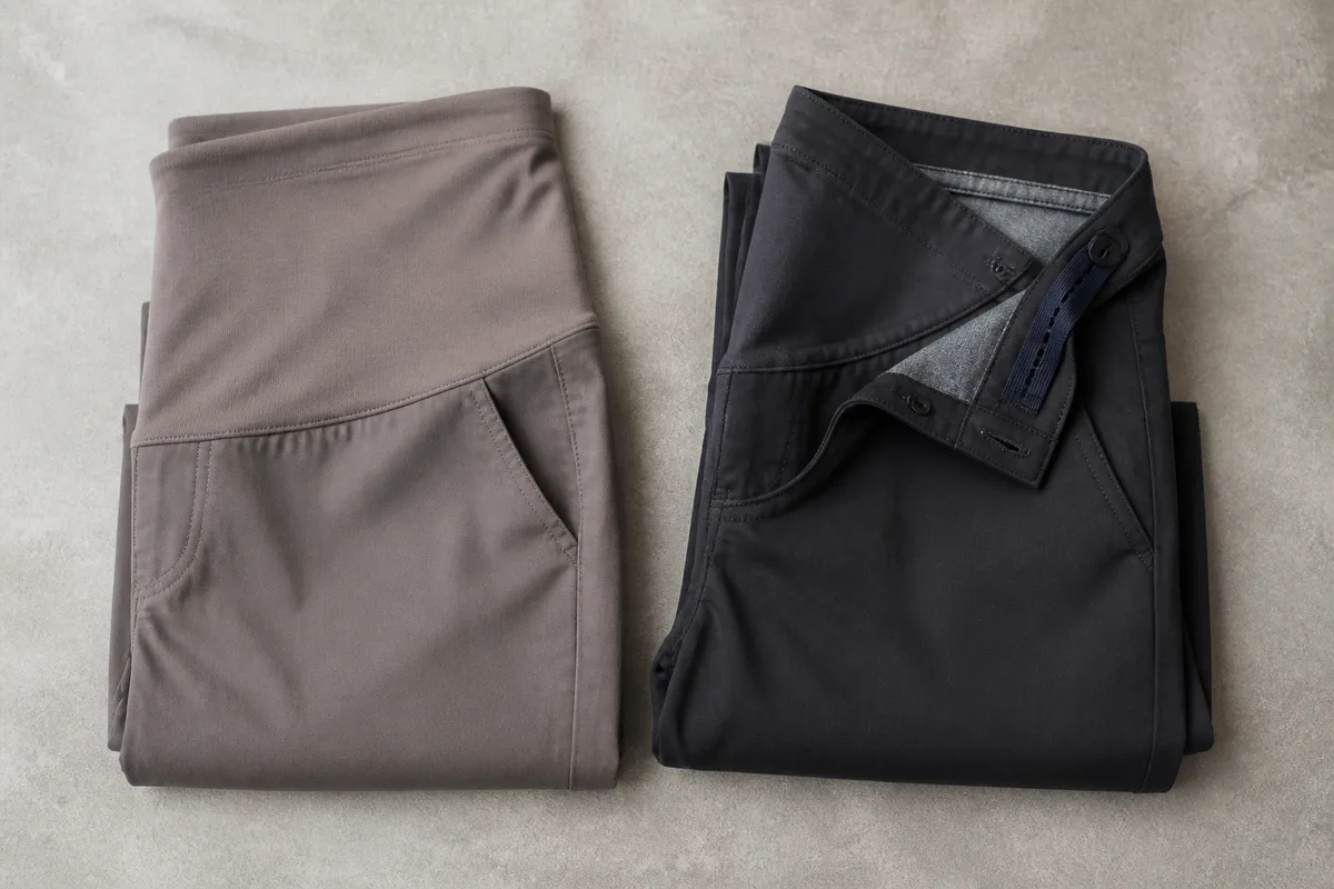 Pantalon de grossesse à bandeau et pantalon à taille réglable pliés côte à côte