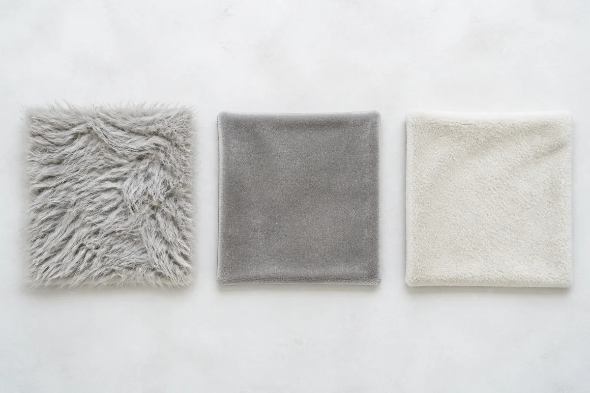 Trois carrés de tissu pour doudou : fausse fourrure à poil long, velours ras et micropolaire posés côte à côte
