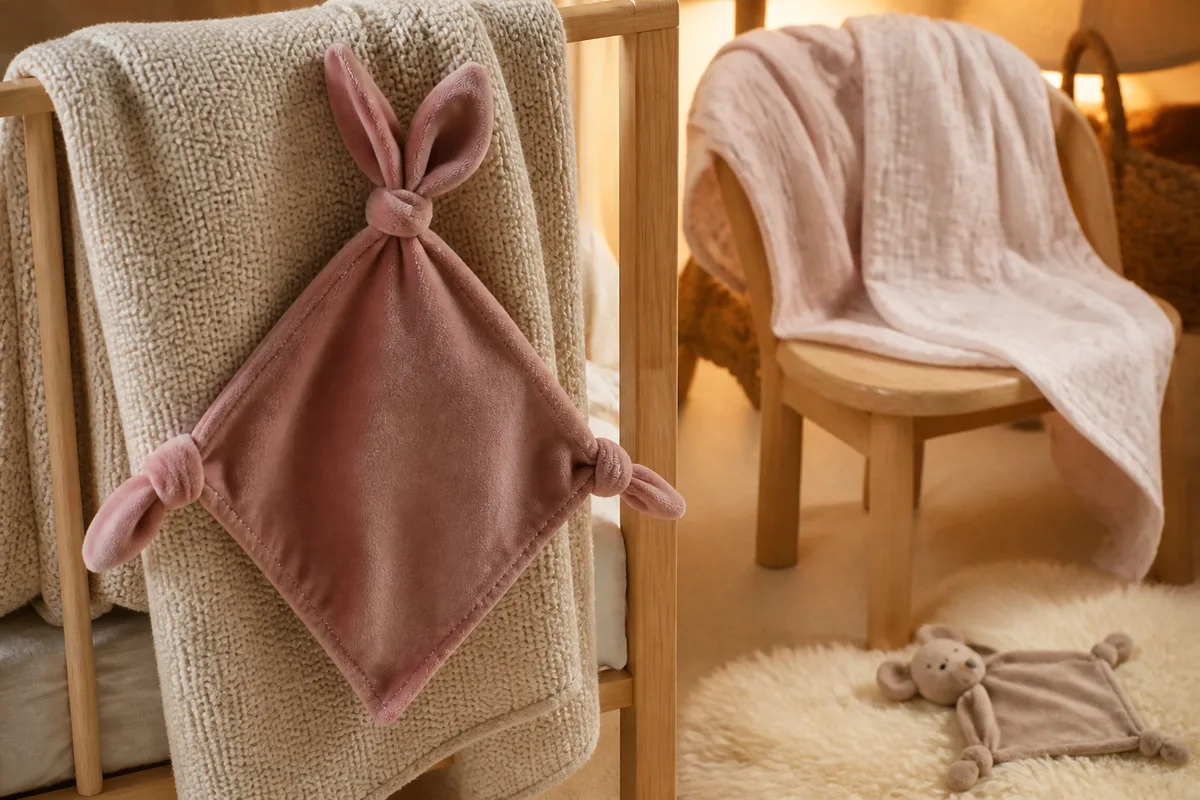 Doudou plat en velours ras posé sur un plaid clair, oreilles nouées et coutures visibles