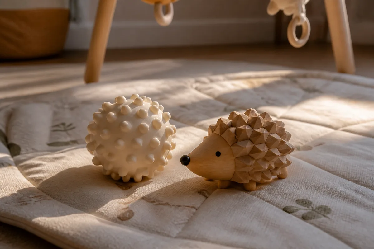 Balle sensorielle à picots souples et petit hérisson en bois posés sur un tapis d&rsquo;éveil