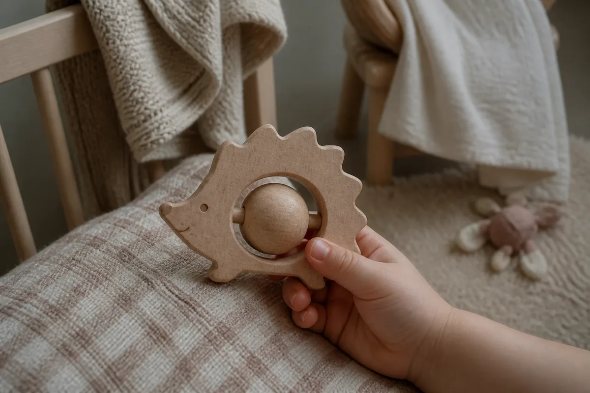 Hochet hérisson en bois clair tenu par une petite main, sur fond de plaid neutre