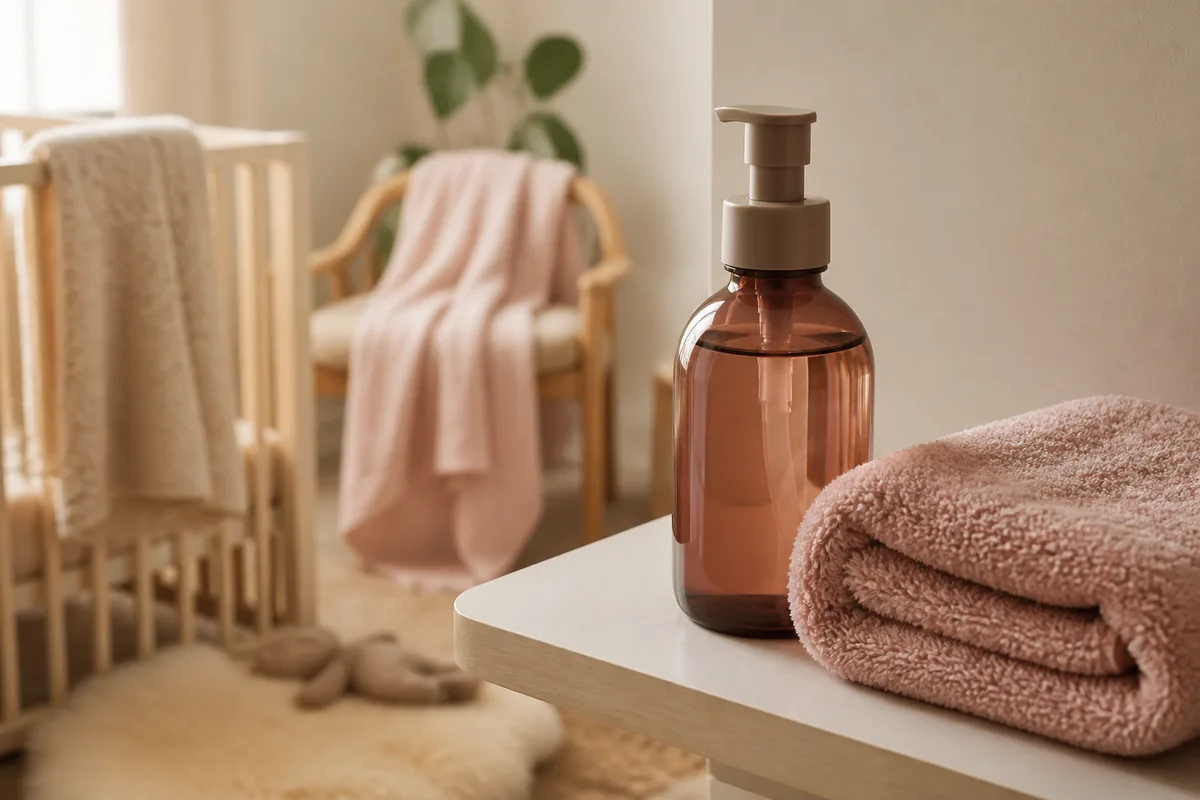 Flacon à pompe en verre teinté et serviette en coton posés sur une étagère claire