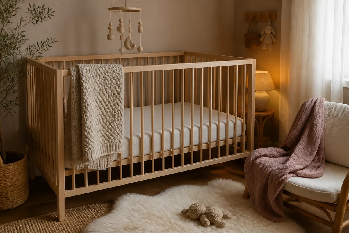 Lit à barreaux avec matelas ferme et drap housse, sans couverture ni coussin