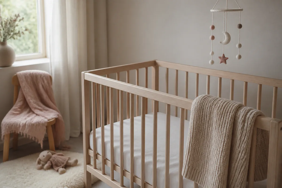 Chambre d&rsquo;enfant claire, lit à barreaux vide et suspension décorative placée à l&rsquo;écart du couchage