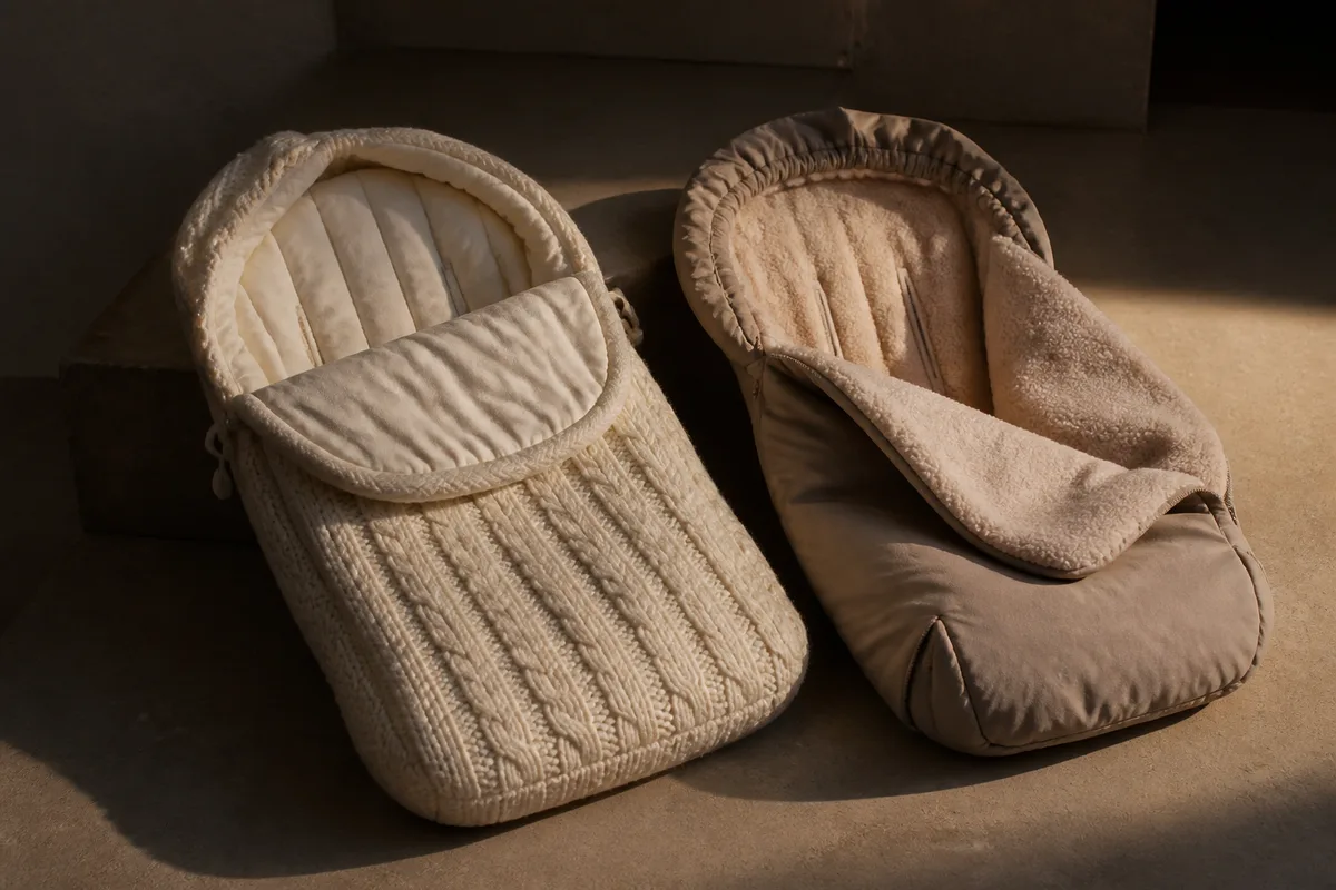 Nid d&rsquo;ange en maille écrue et modèle beige doublé, présentés ouverts côte à côte